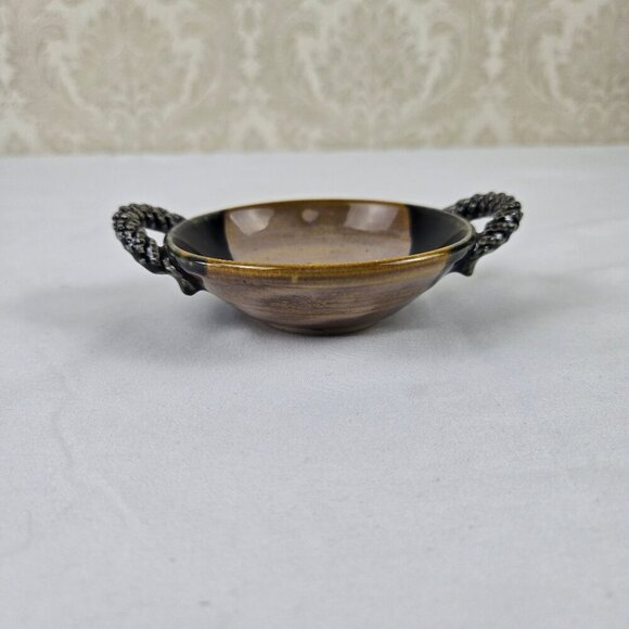 Studio Pottery Handmade Small Trinket Dish Bowl with Double Handles Cream Black - Picture 4 of 11
